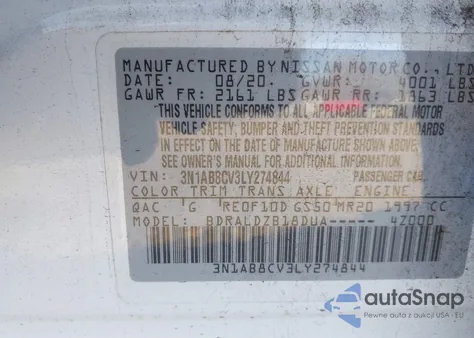 2020 Nissan Sentra Sv Xtronic Cvt из США, поврежденный, VIN 3N1AB8CV3LY274844